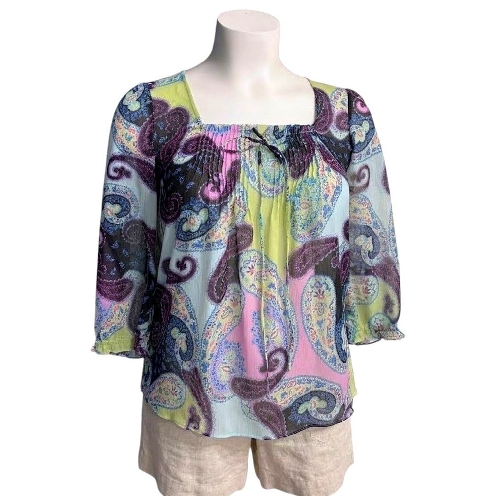 Paisley Blouse Chiffon Square Neck Boho Top Loose Flowy Summer Spring